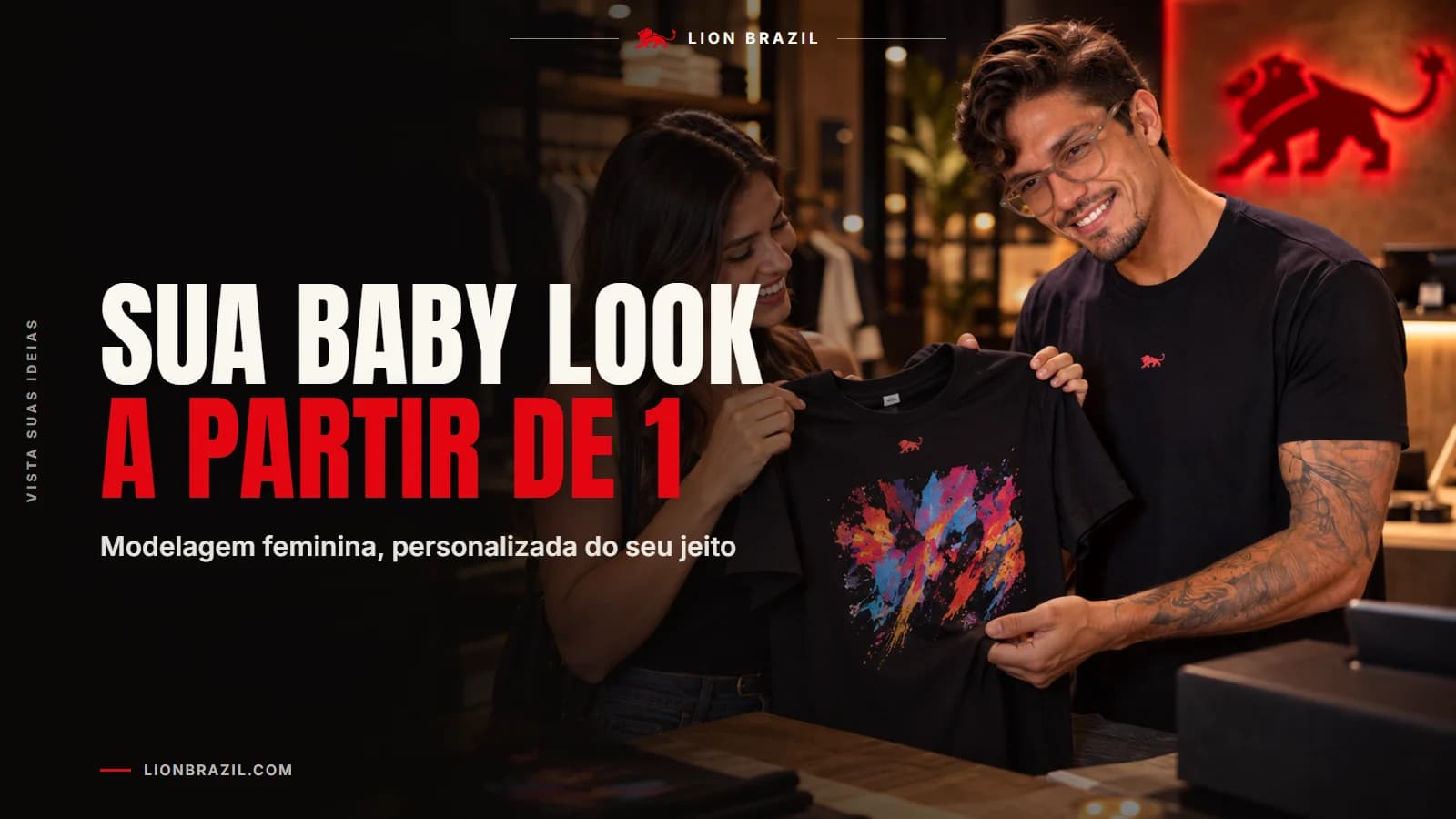 Capa com o título "Sua baby look a partir de 1" e Pedro Costa, fundador da Lion Brazil, de camiseta com o leão da marca.