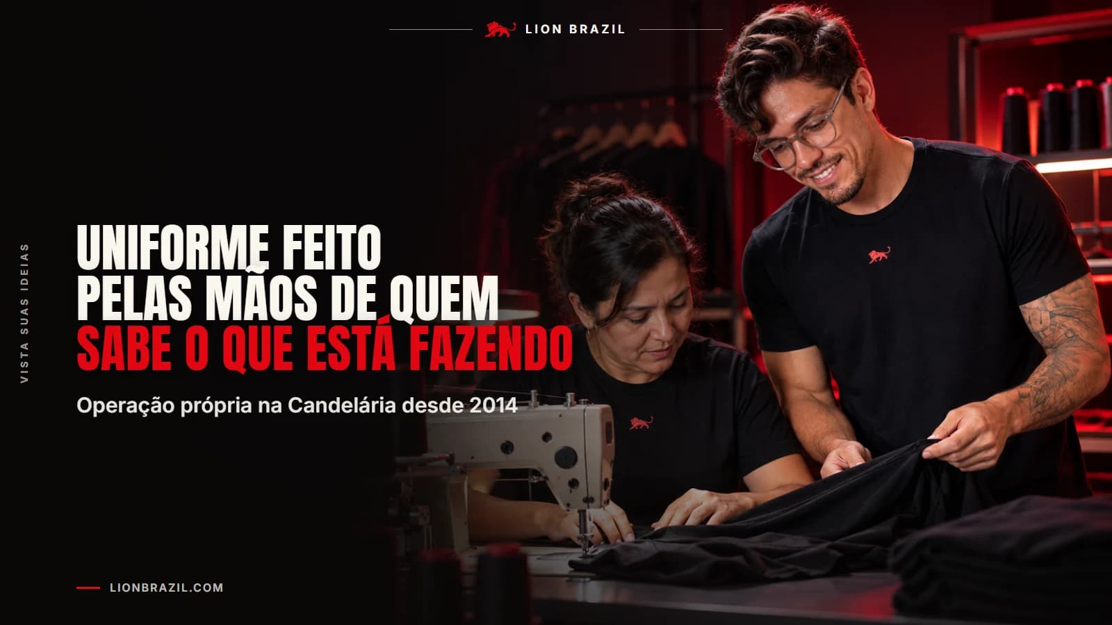 Capa do artigo com o título "Uniforme feito pelas mãos de quem sabe o que está fazendo" e Pedro Costa, fundador da Lion Brazil, de camiseta preta com o leão da marca.