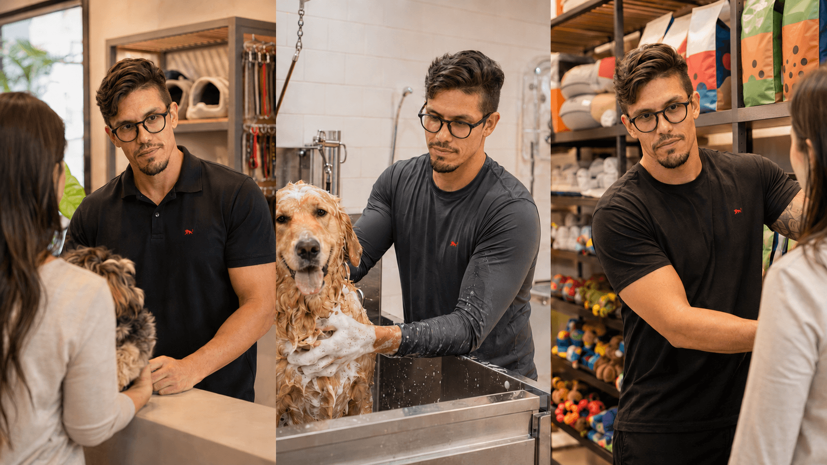 Equipe de pet shop uniformizada com camisa polo, camiseta manga longa com proteção UV e camiseta Lion Brazil, na recepção, no banho e tosa e na loja
