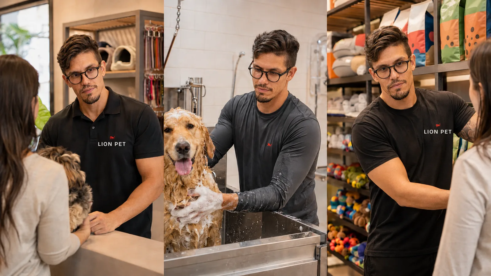 Equipe de pet shop uniformizada com camisa polo, camiseta manga longa com proteção UV e camiseta Lion Brazil, na recepção.