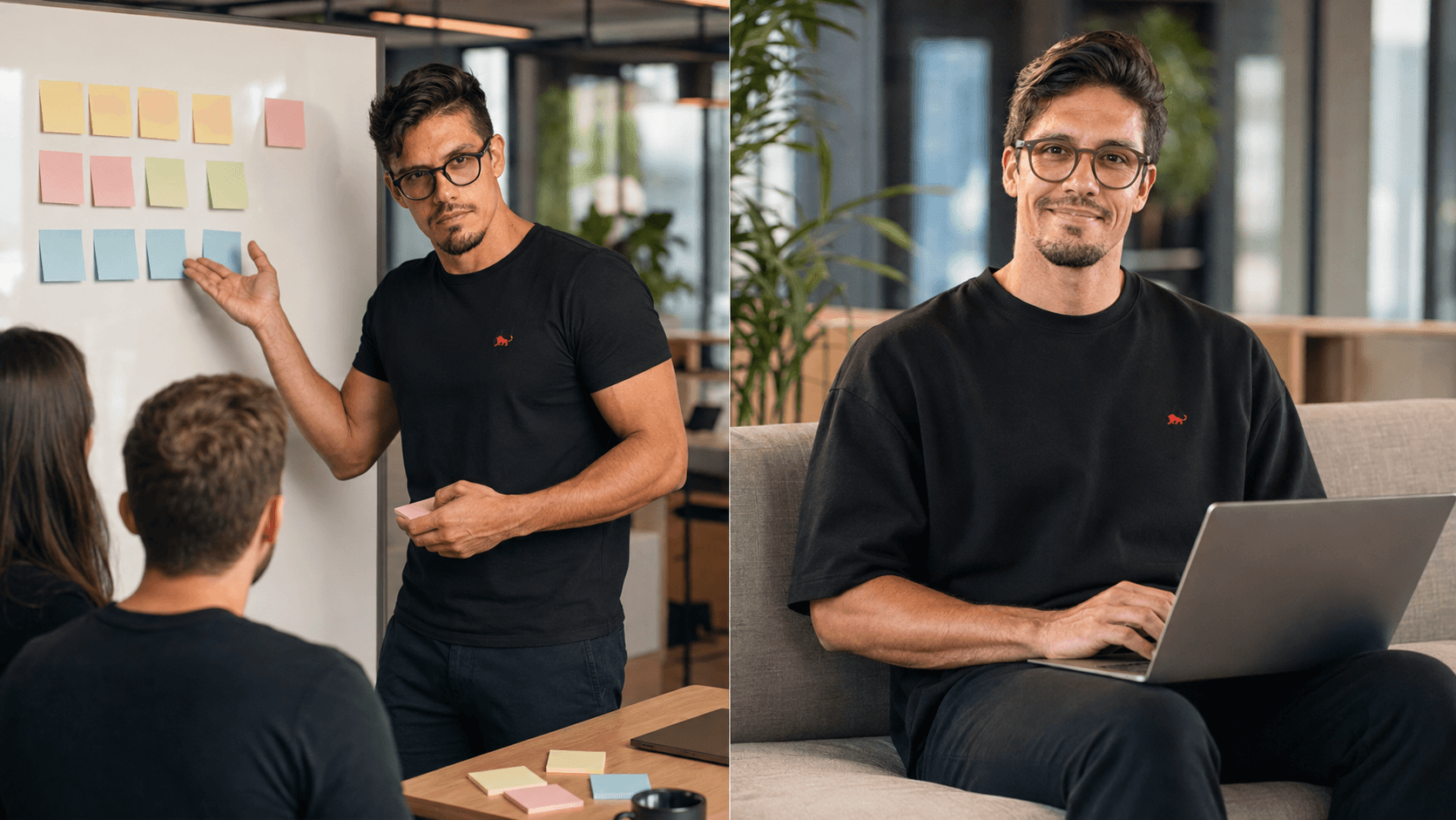 Time de startup vestindo camiseta preta personalizada Lion Brazil na reunião de quadro e no sofá do coworking