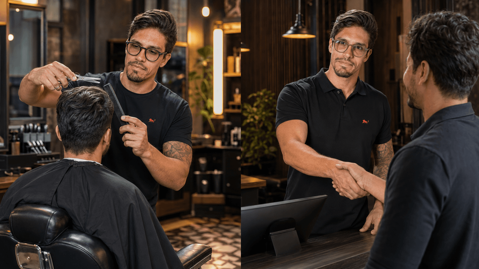 Barbeiro de camiseta preta Lion Brazil finalizando o corte e recebendo o cliente de camisa polo no caixa