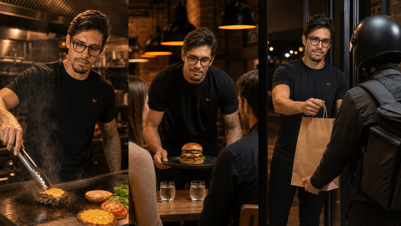 Equipe de hamburgueria de camiseta preta de uniforme na chapa, no atendimento do salão e na entrega do delivery