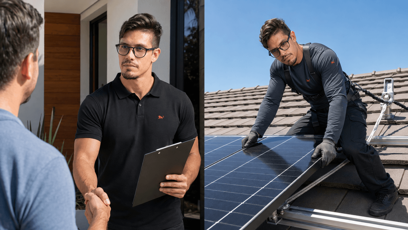 Técnico de energia solar com camisa polo preta na visita ao cliente e camiseta manga longa com proteção UV 50+ instalando placas no telhado
