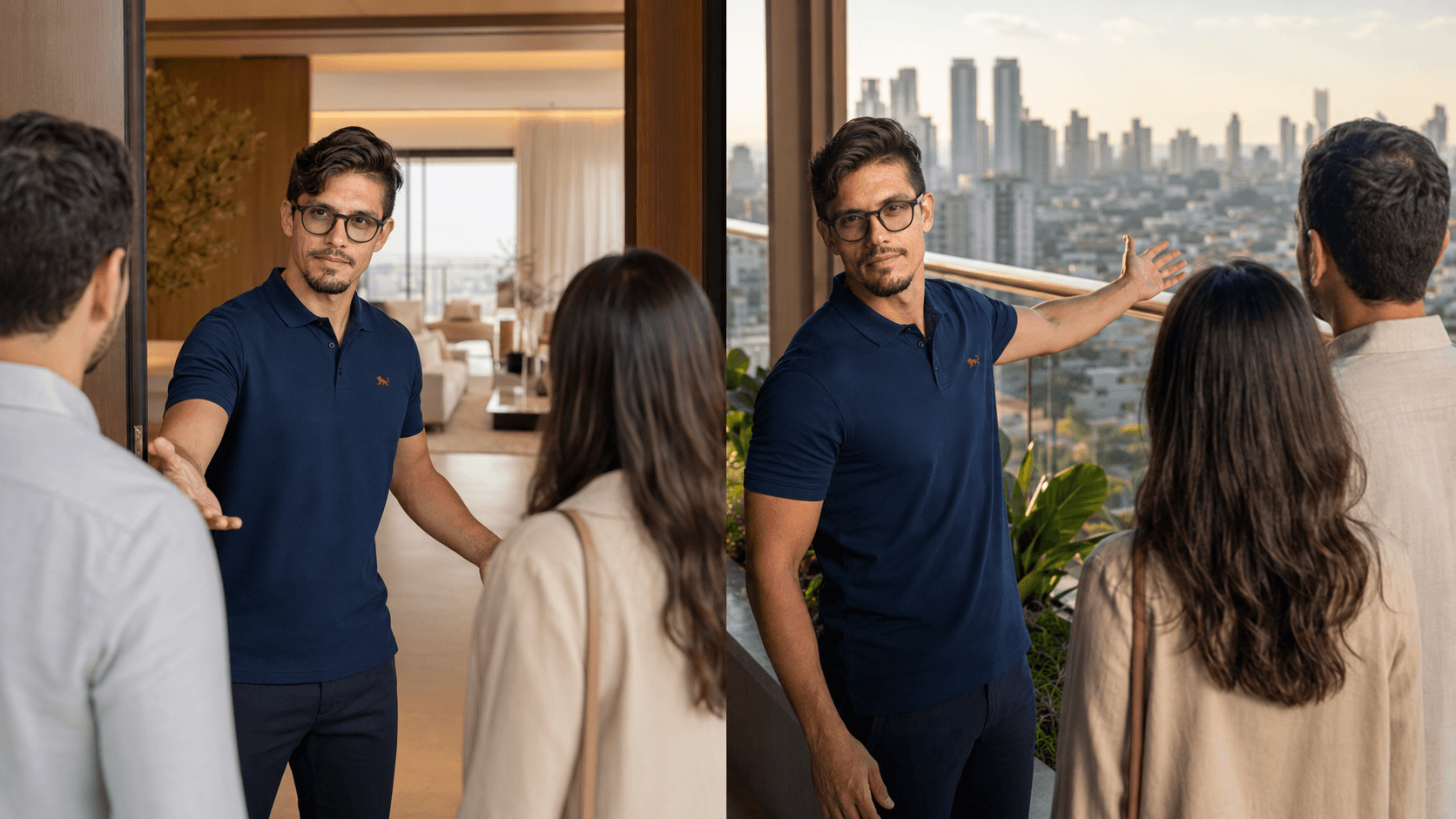 Corretor de imóveis de camisa polo azul-marinho personalizada apresentando um apartamento decorado a um casal