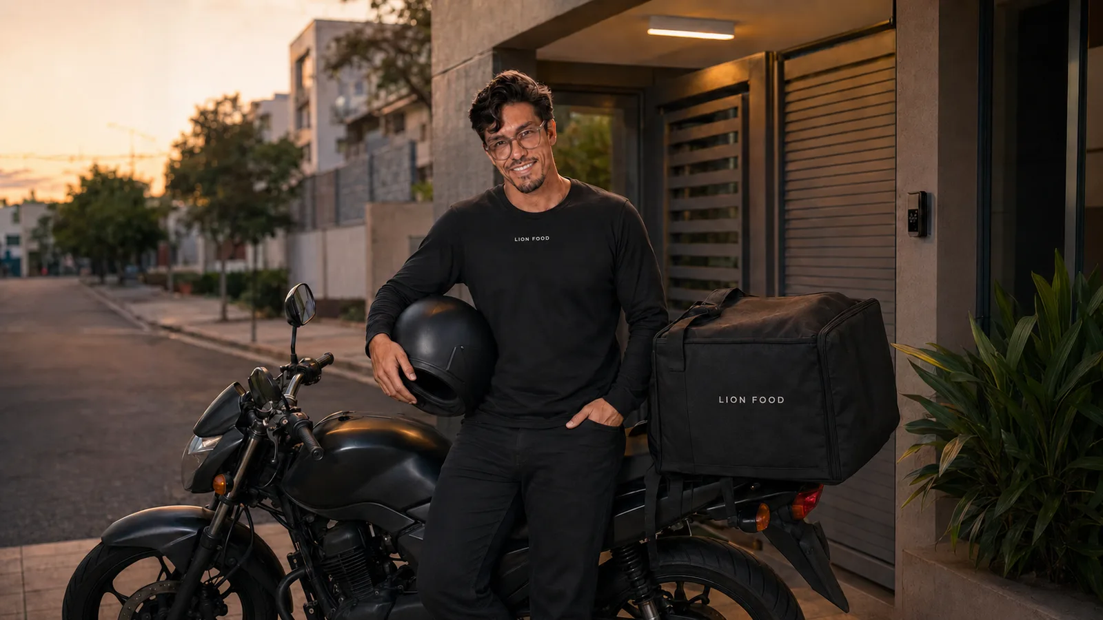 Motoboy de camiseta preta lisa de manga longa com o capacete na mao, ao lado da moto com bag de entrega.