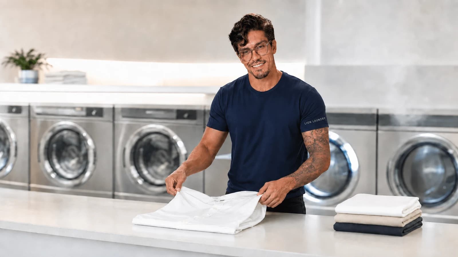 Dono de lavanderia de camiseta azul-marinho lisa dobrando uma camisa branca no balcao.