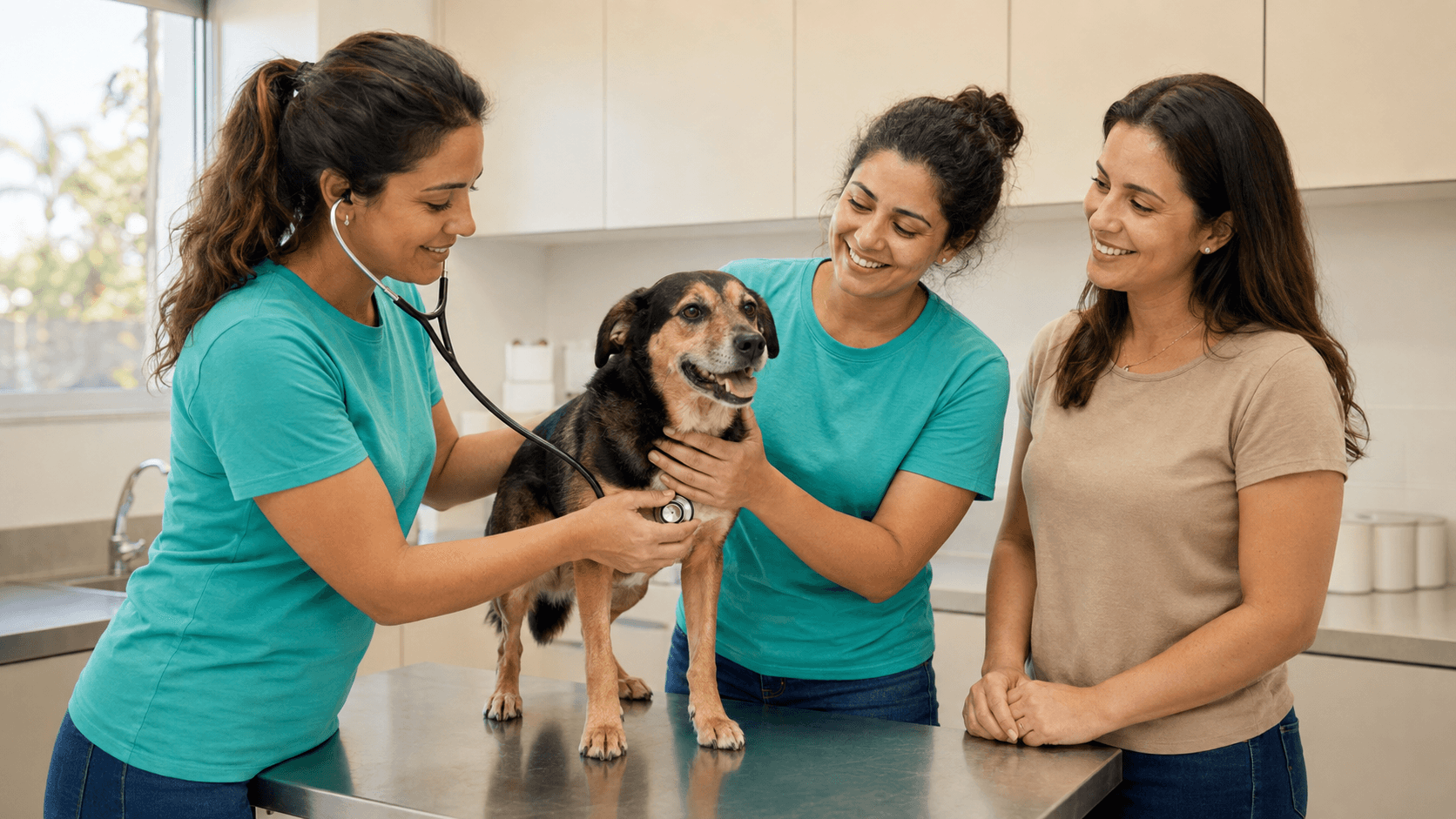 Veterinária e auxiliar de camiseta verde-água atendendo um cachorro na mesa da clínica