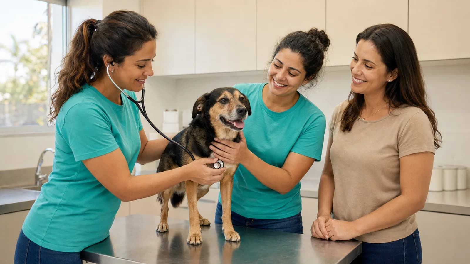 Veterinária e auxiliar de camiseta verde-água atendendo um cachorro na mesa da clínica