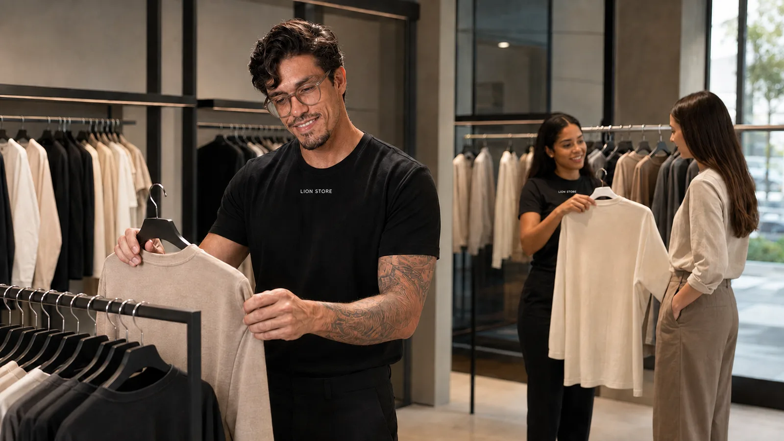Gerente e vendedora vestindo uniforme personalizado da Lion Brazil em loja de varejo