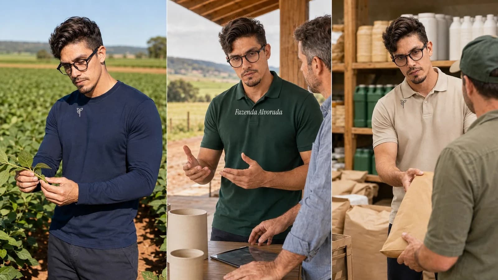 Agro em três cenas: inspeção da lavoura, conversa no galpão com Fazenda Alvorada no peito e entrega de insumo