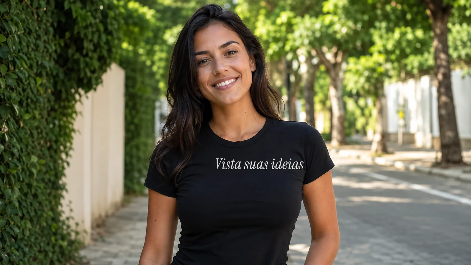 Modelo sorridente vestindo baby look preta com a frase Vista suas ideias em serifada no peito, rua arborizada ao fundo