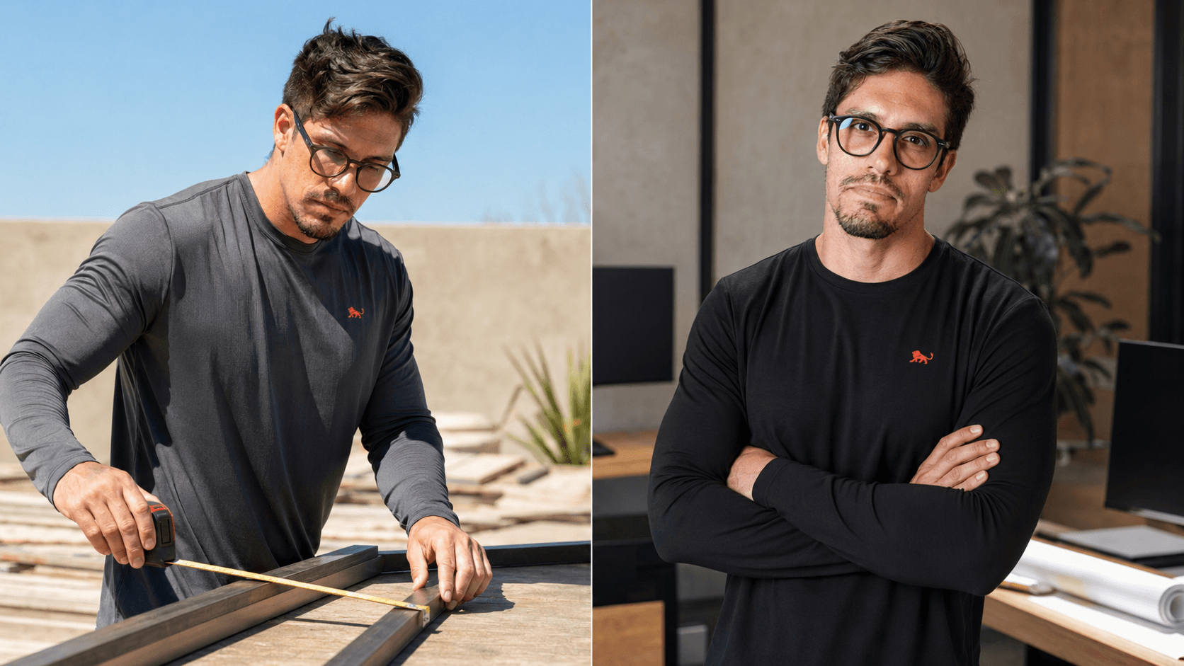Comparação entre camiseta manga longa com proteção UV 50+ no trabalho sob sol e manga longa preta em ambiente interno