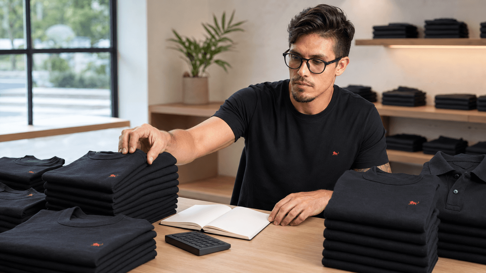 Camisetas e camisas polo pretas dobradas por tamanho sendo contadas na mesa antes de fechar o pedido