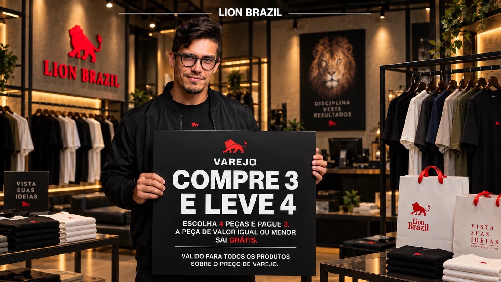 Fundador da Lion Brazil na loja segurando uma placa preta com a regra do varejo: compre 3 e leve 4.