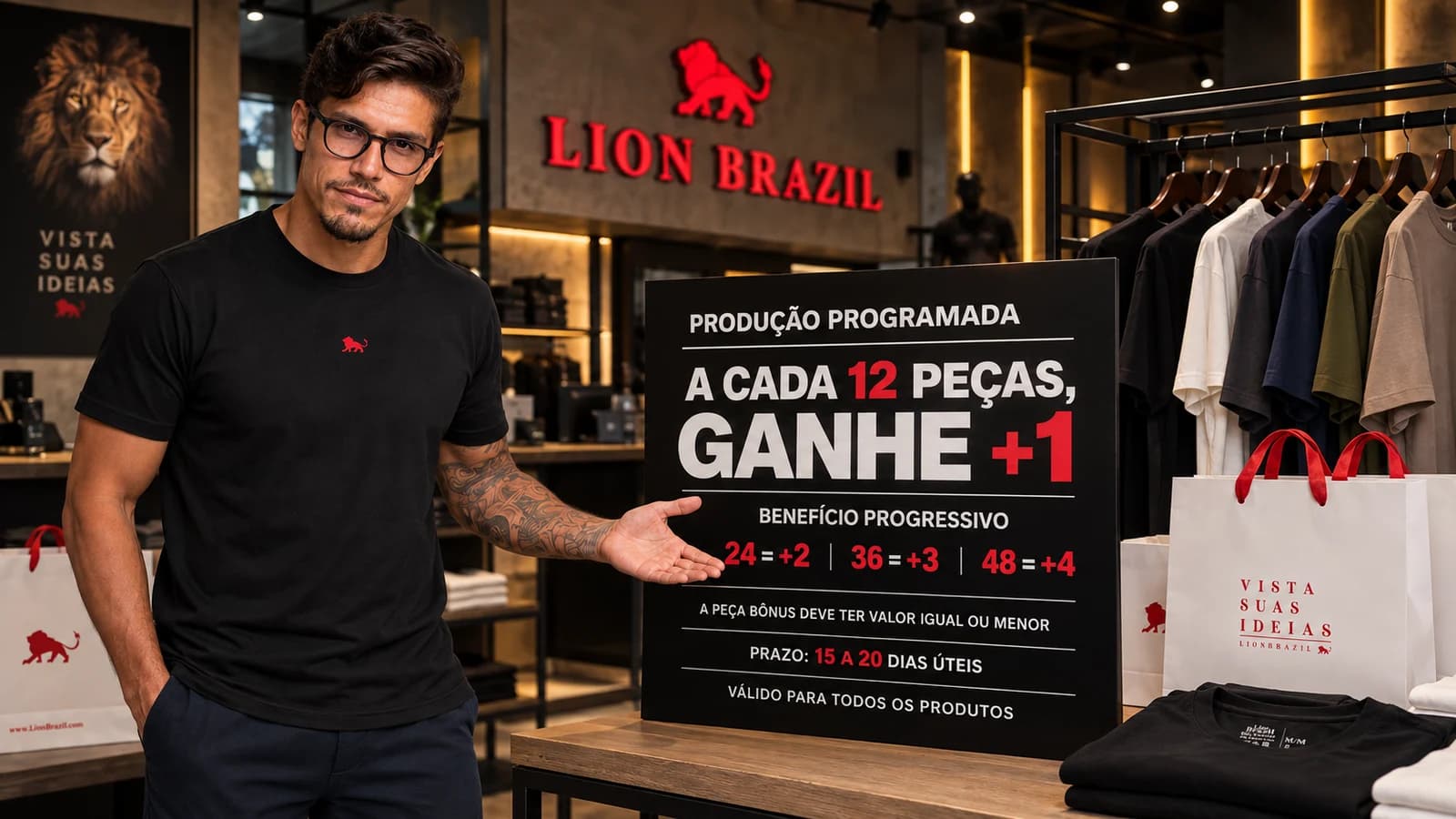Fundador da Lion Brazil na loja ao lado de uma placa preta com a regra da produção programada: a cada 12 peças, ganhe +1.