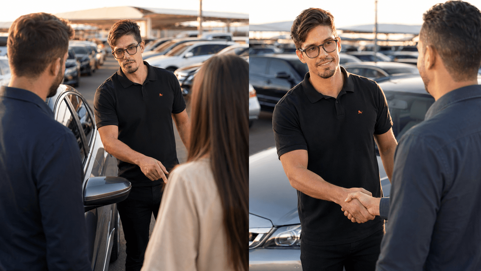 Vendedor de loja de carros multimarcas com camisa polo preta personalizada atendendo clientes no pátio de seminovos