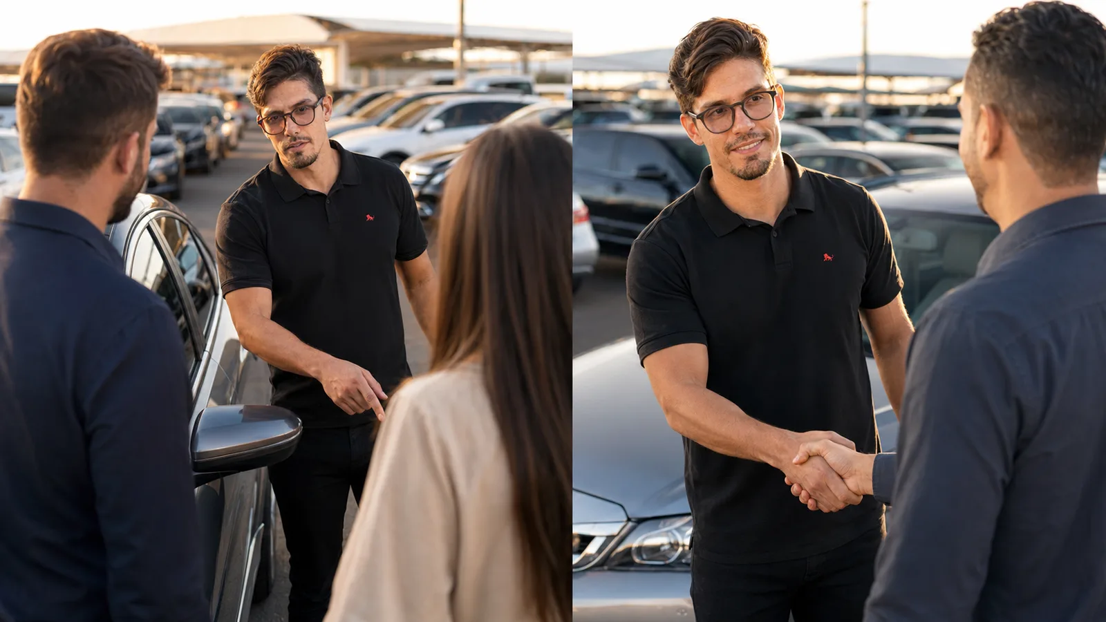 Vendedor de loja de carros multimarcas com camisa polo preta personalizada atendendo clientes no pátio de seminovos