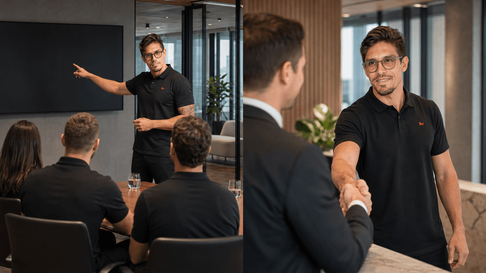 Time comercial de camisa polo preta personalizada em reunião de vendas e no fechamento com um cliente