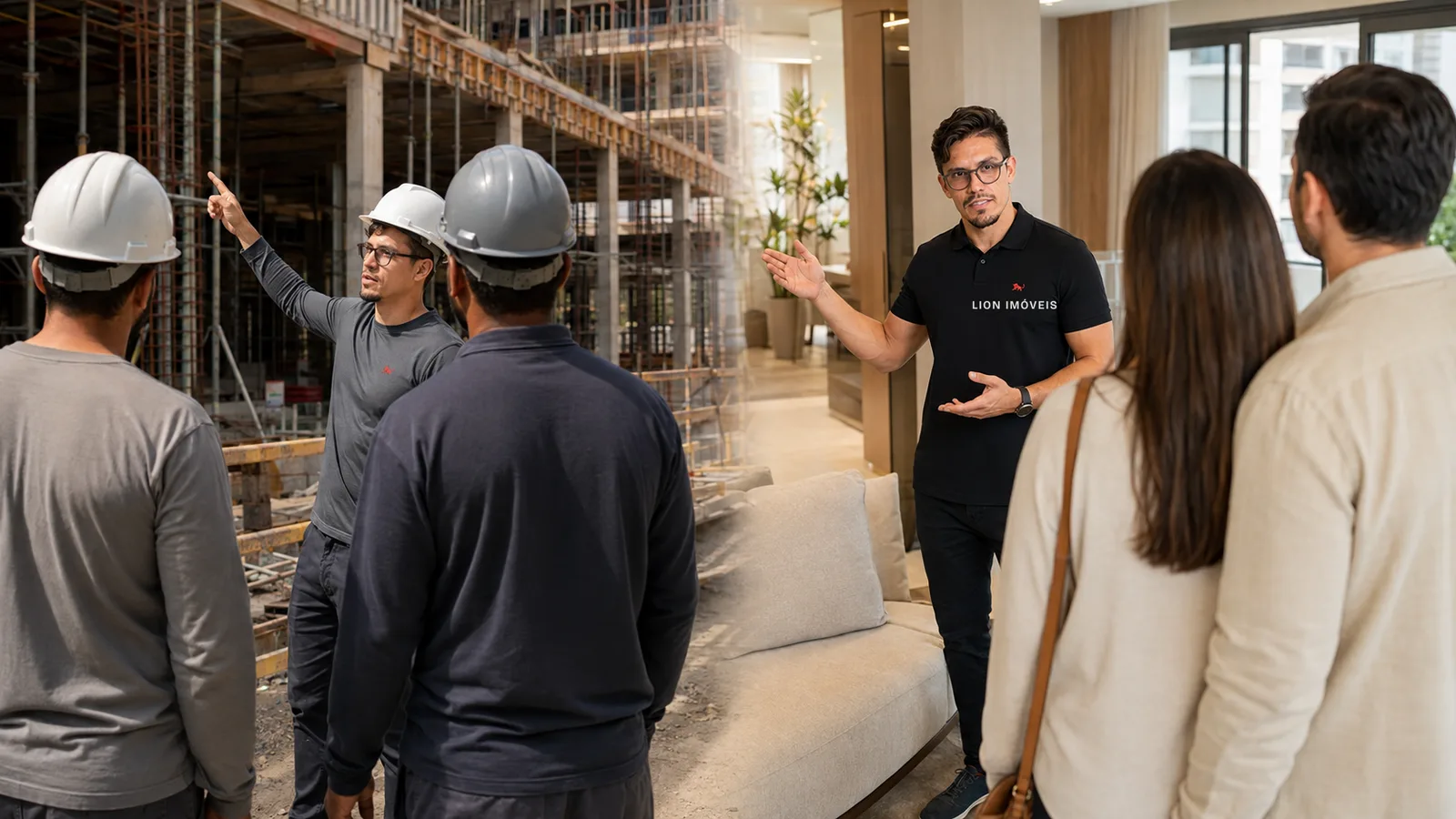 Uniforme de construtora nas duas pontas: manga longa e capacete no canteiro de obras e camisa polo no apartamento decorado