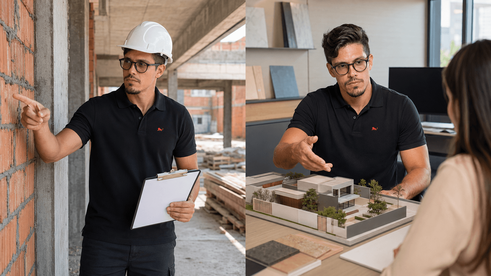 Engenheiro de camisa polo preta e capacete em visita técnica na obra e apresentando maquete no escritório