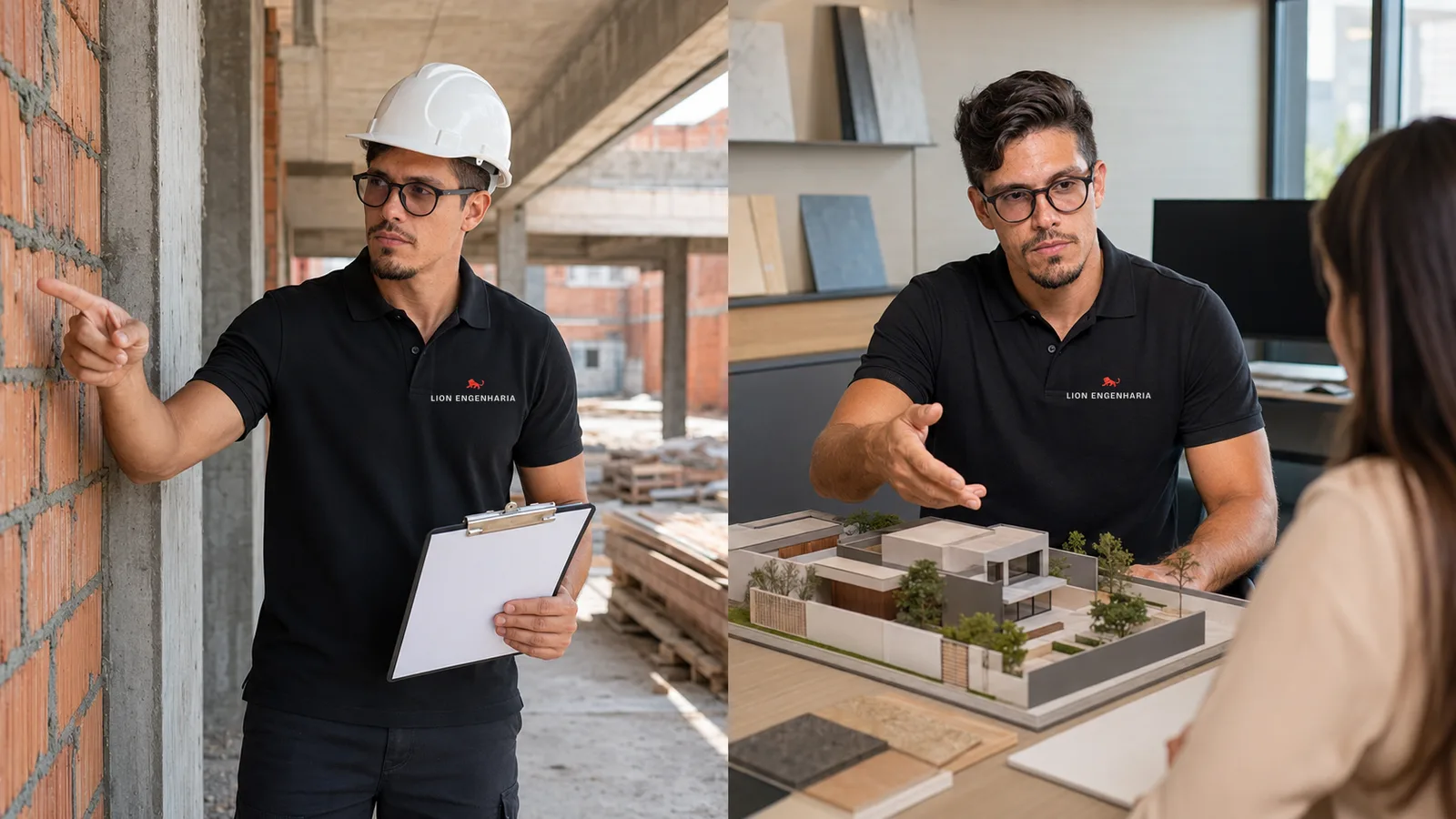 Engenheiro de camisa polo preta e capacete em visita técnica na obra e apresentando maquete no escritório