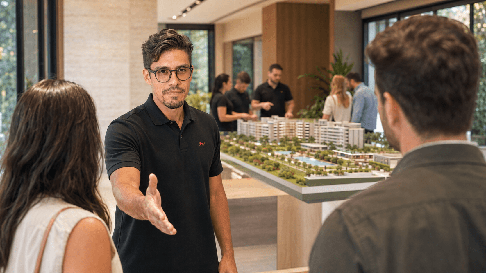 Equipe de plantão de vendas com camisa polo preta recebendo clientes no stand de lançamento, com maquete do empreendimento