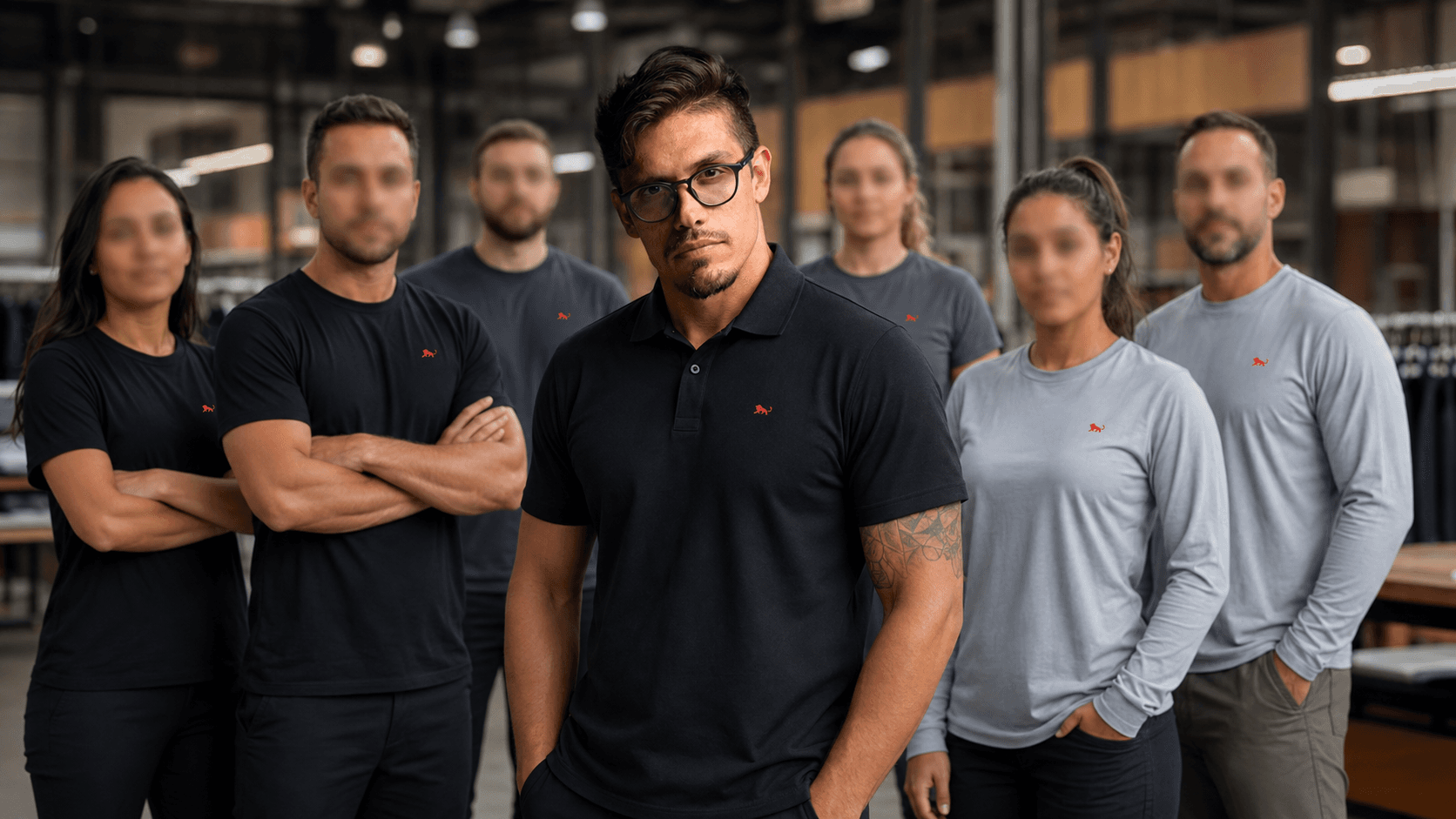 Equipe dividida por função em três cores de uniforme, todas com o mesmo leão vermelho na mesma posição do peito