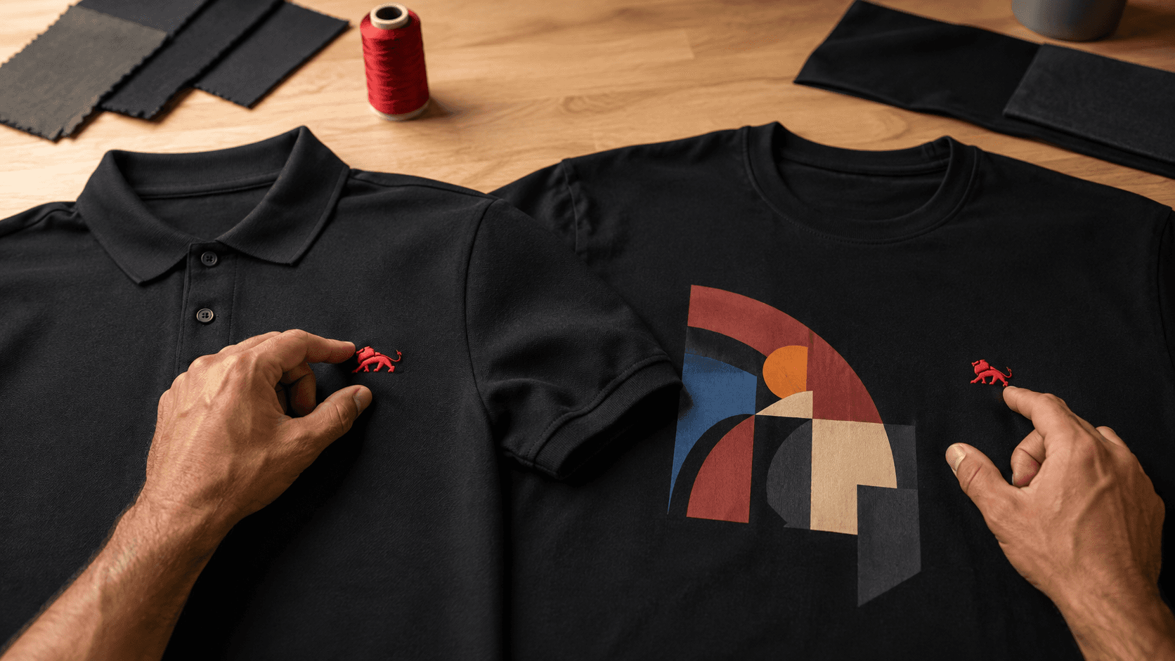 Mãos comparando uma camisa polo com bordado e uma camiseta com estampa colorida na bancada do ateliê