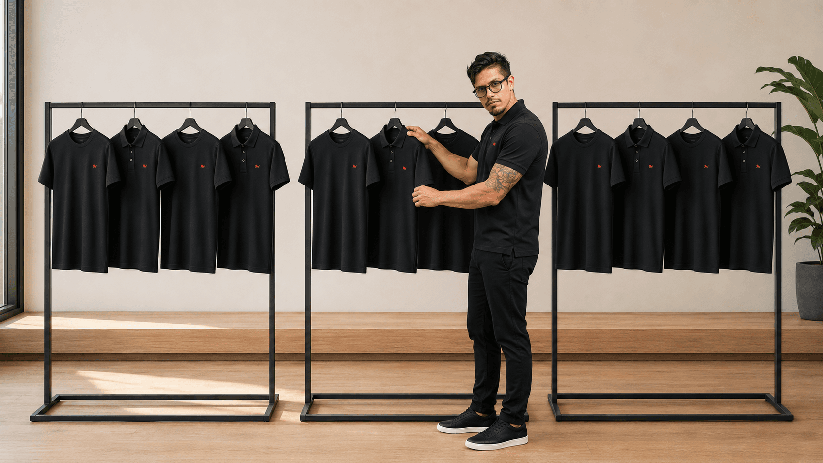 Três araras idênticas com o mesmo uniforme padronizado de rede sendo conferidas no showroom