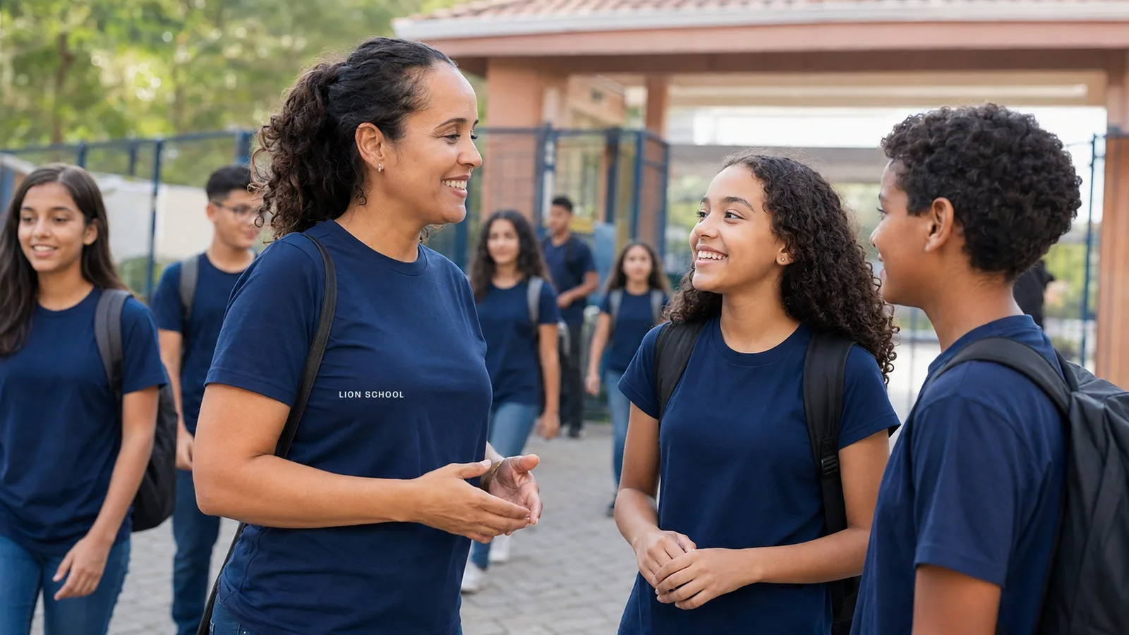 Professora conversando com dois alunos de camiseta de uniforme azul-marinho na entrada da escola