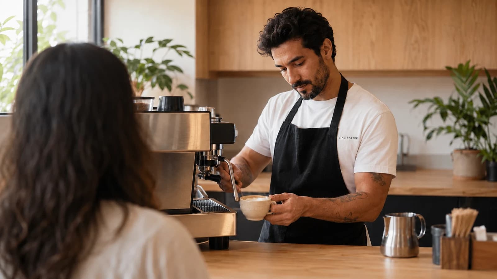 Barista de camiseta off-white lisa por baixo do avental preto finalizando um cappuccino no balcão