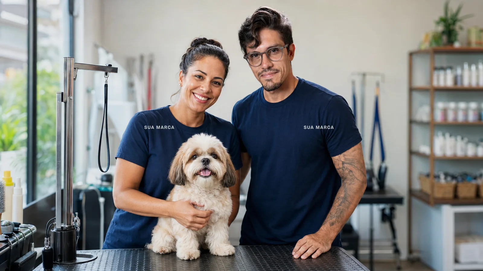 Pedro ao lado de uma profissional de banho e tosa segurando um cachorro pequeno na bancada.