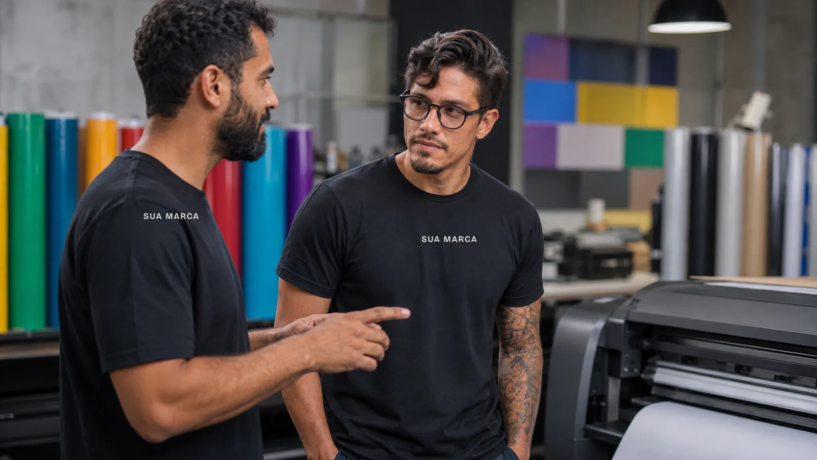 Pedro conversando com um impressor numa gráfica com rolos de vinil coloridos.