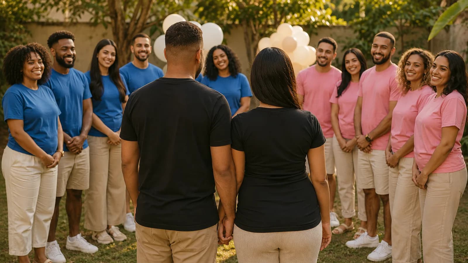 Casal de costas em primeiro plano e convidados divididos em times de camiseta azul e rosa no chá revelação