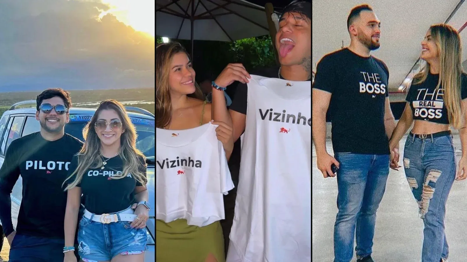 Casal caminhando numa rua arborizada com a mesma camiseta preta em modelagens diferentes