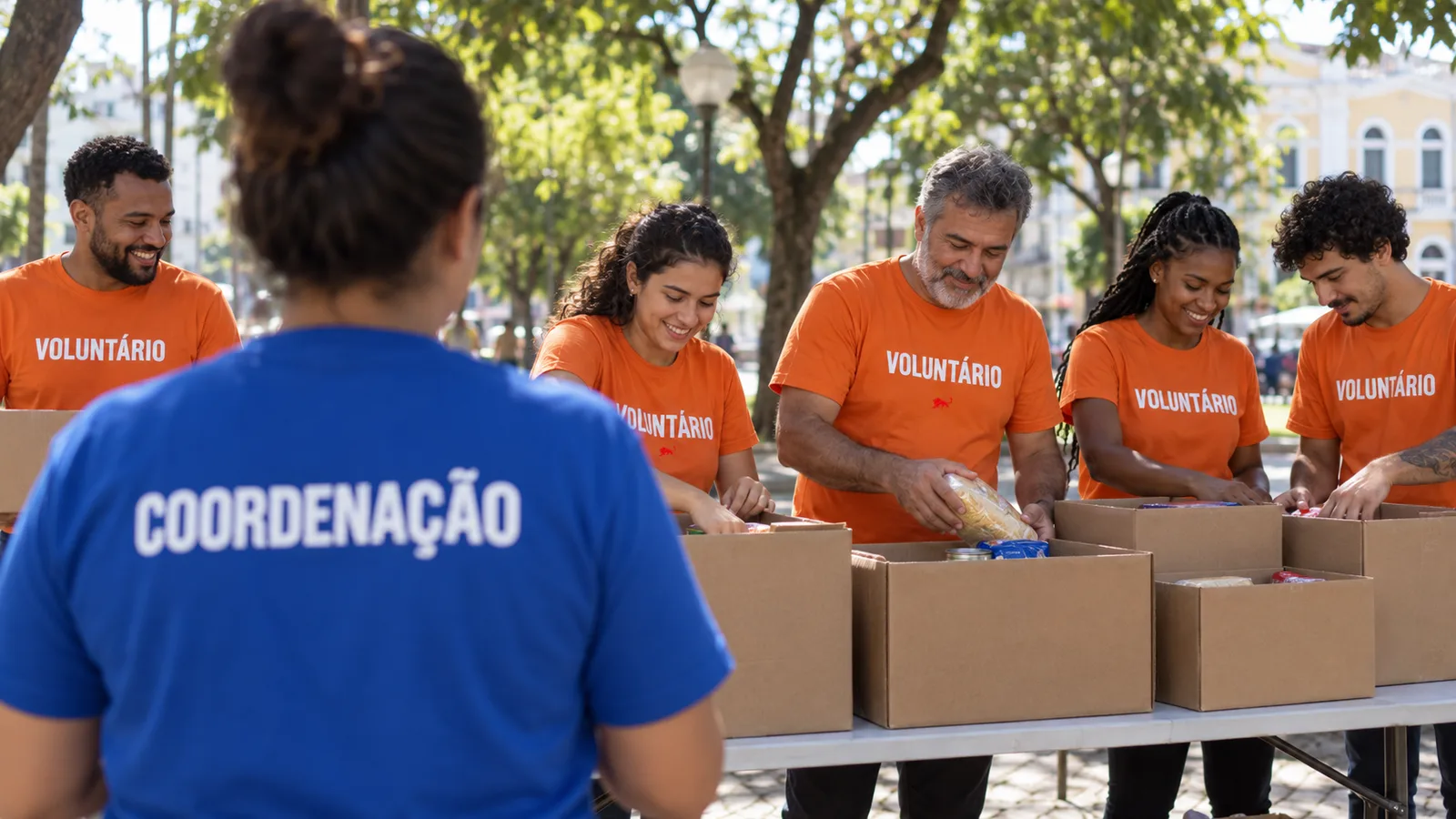 Voluntários de camiseta laranja organizando doações na praça, com a coordenadora de camiseta azul orientando