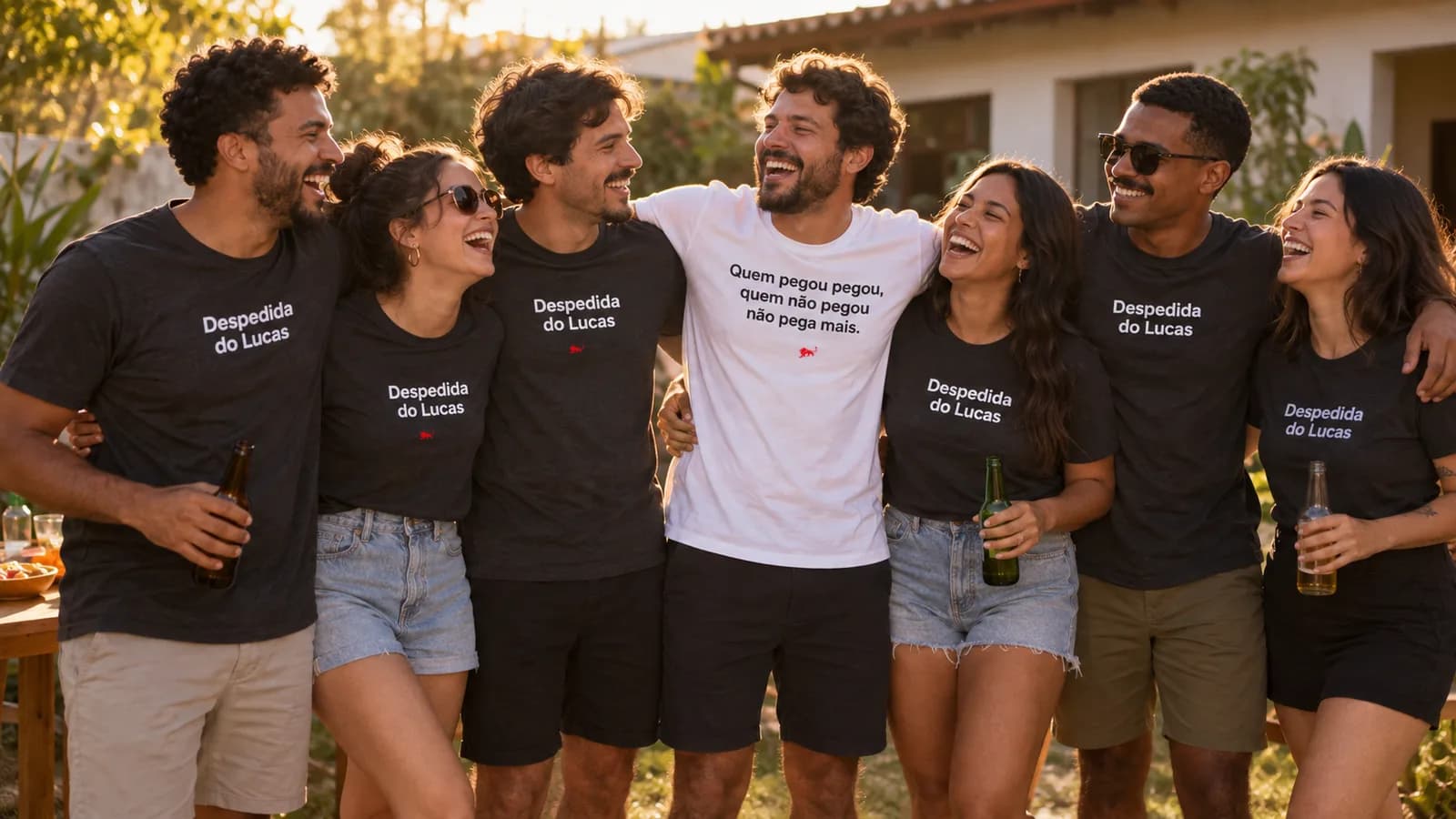 Grupo de amigos com a mesma camiseta cinza e o homenageado de camiseta branca no centro