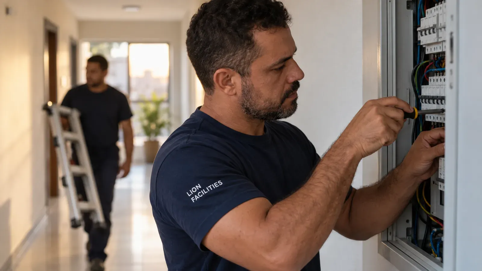 Técnico de camiseta azul-marinho ajustando um quadro elétrico no corredor de serviço de um prédio