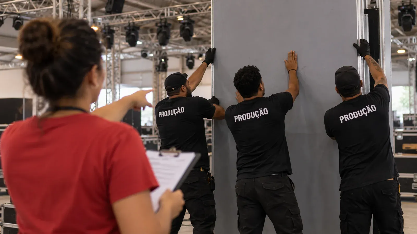 Equipe de camiseta preta montando a estrutura de um evento no galpão, com a coordenadora de camiseta vermelha orientando