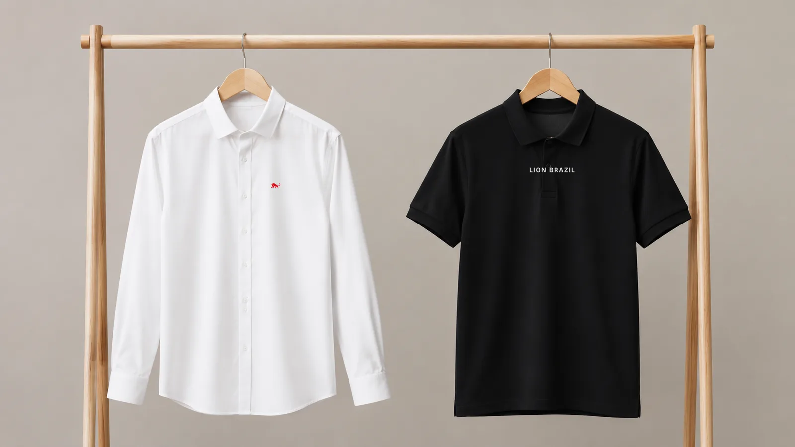 Camisa social branca e camisa polo preta penduradas lado a lado na arara para comparação
