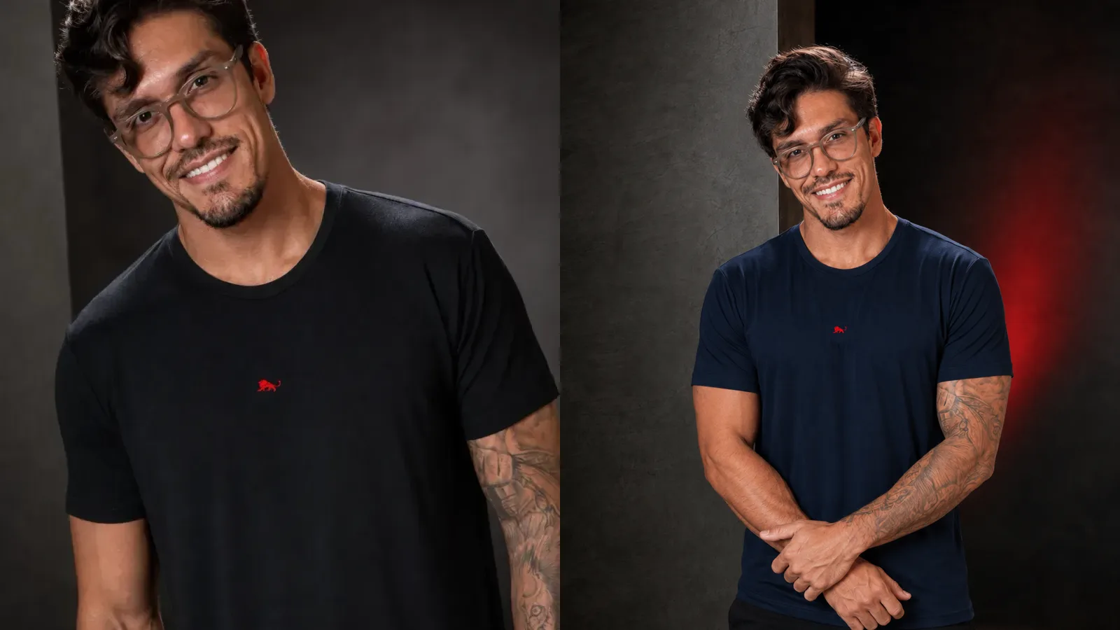 Duas Best T-shirt lisas, preta e azul-marinho, vestidas pelo fundador da Lion Brazil em estudio