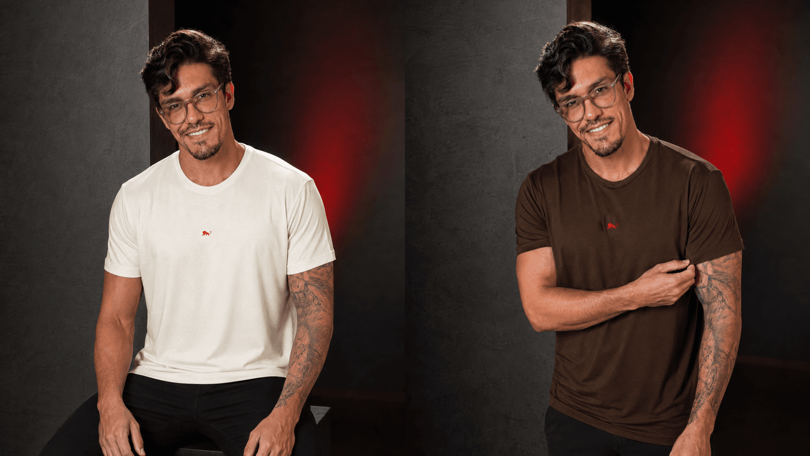 Best T-shirt off white e marrom escuro vestidas pelo fundador da Lion Brazil, luz de estudio