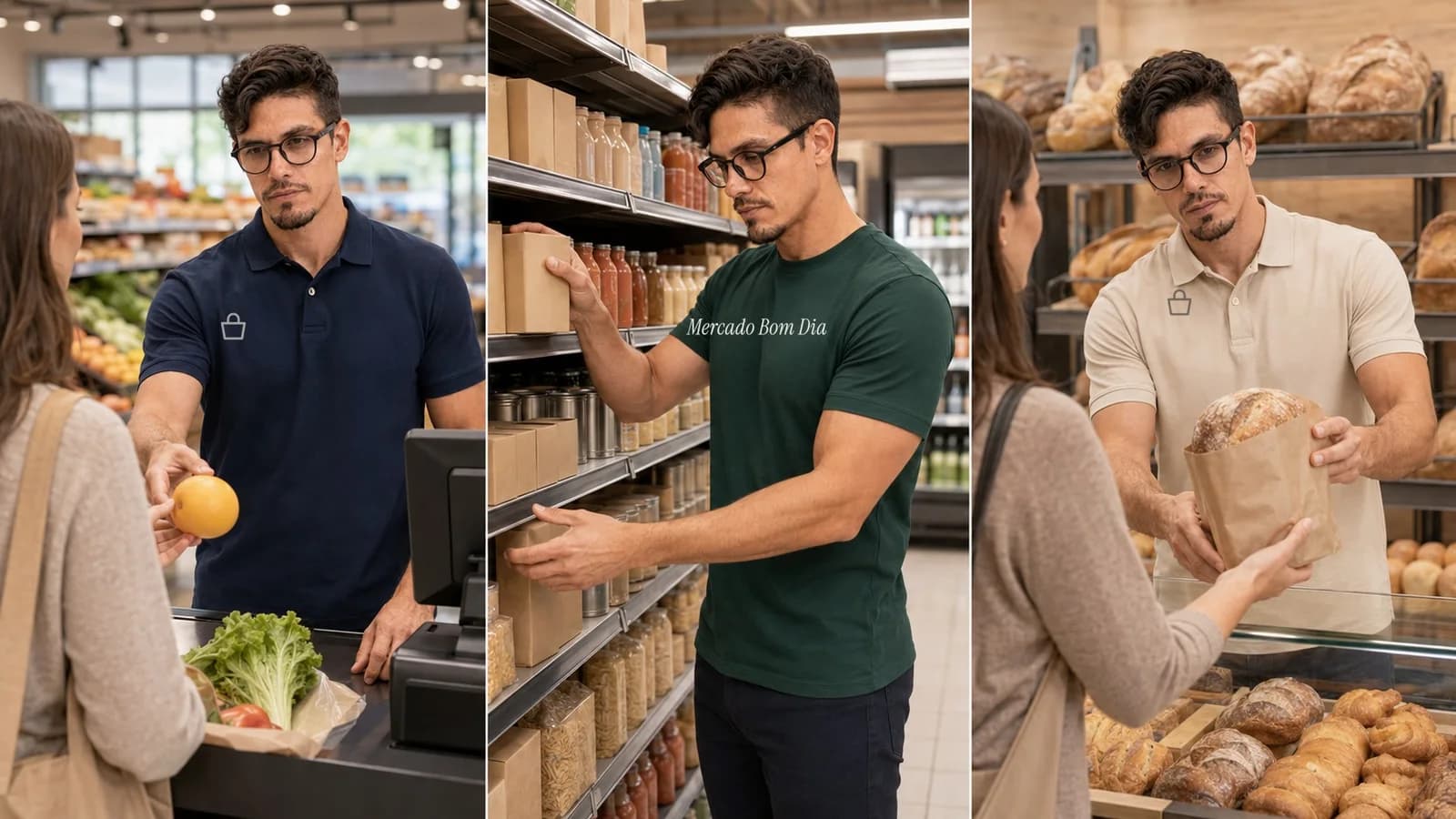 Supermercado em três cenas: caixa, reposição de prateleira com Mercado Bom Dia no peito e entrega de pão na padaria