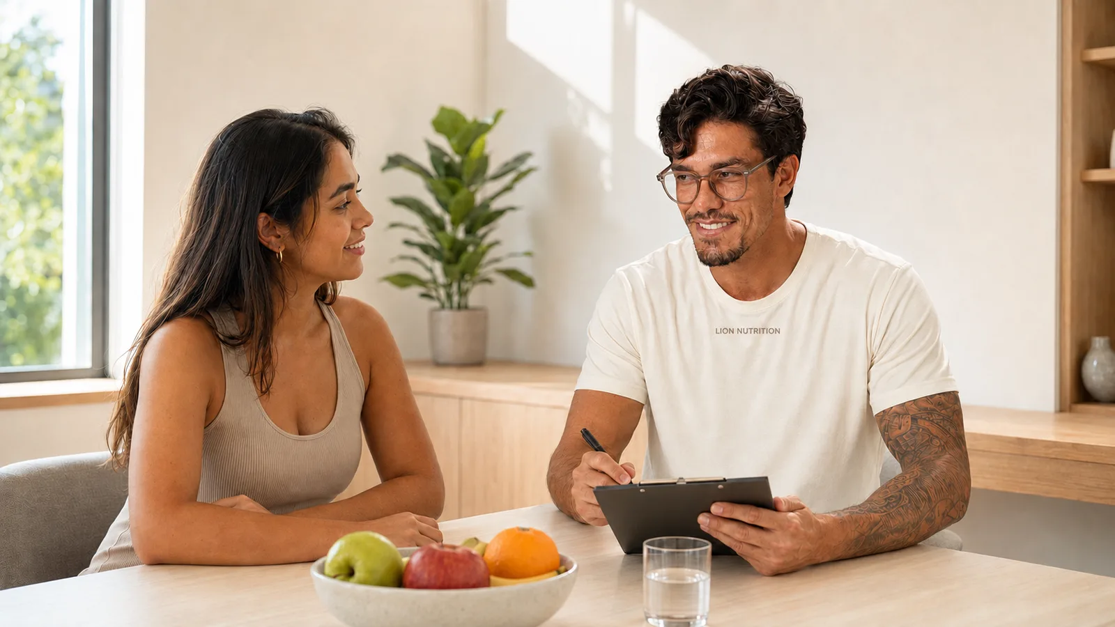 Nutricionista de camiseta off white lisa em consulta com uma paciente, mesa clara com frutas e agua, luz natural de janela
