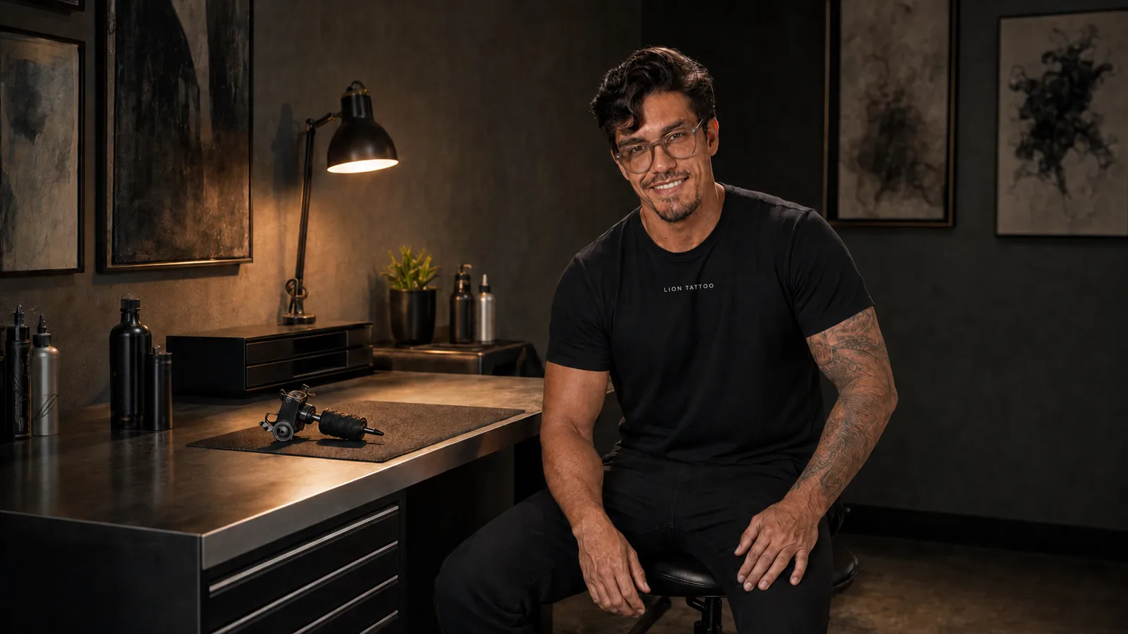 Tatuador de camiseta preta lisa sentado no banco do estudio de tatuagem, luz quente lateral e paredes escuras