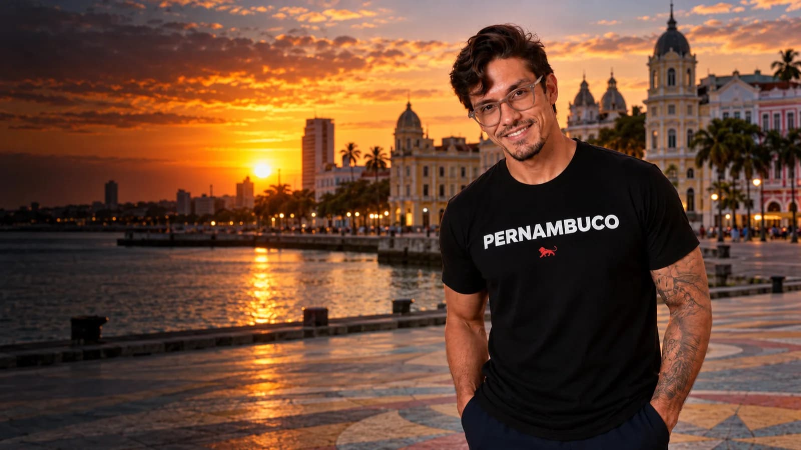 Pedro Costa, fundador da Lion Brazil, com camiseta preta estampada "Pernambuco" e o leão da marca, em frente a o Marco Zero do Recife Antigo