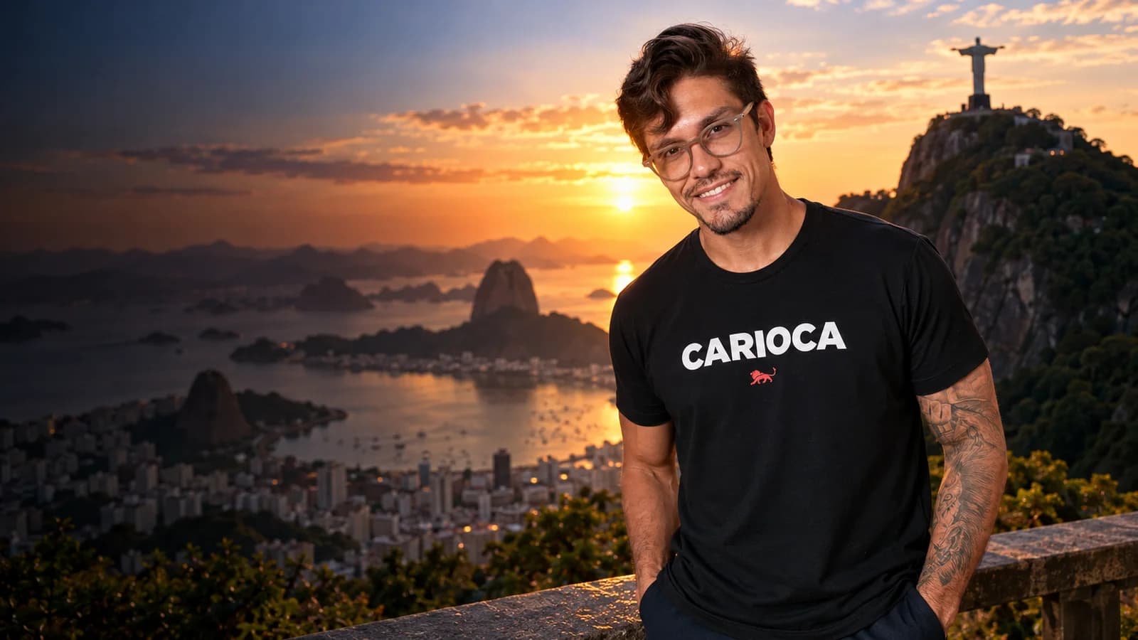 Pedro Costa, fundador da Lion Brazil, com camiseta preta estampada "Carioca" e o leão da marca, em frente a o Cristo Redentor