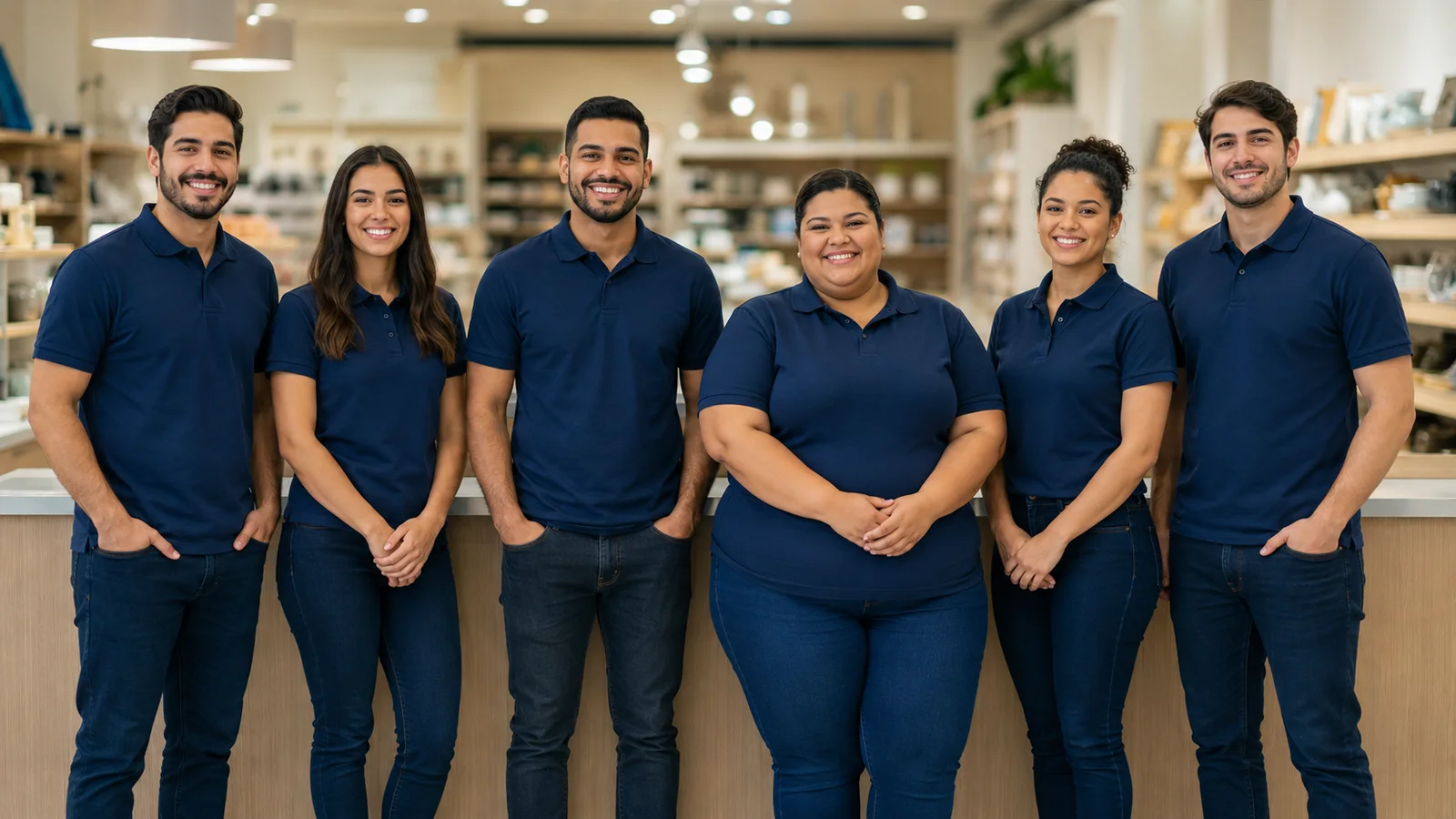 Equipe de seis pessoas uniformizada com polos azul-marinho da Lion Brazil numa loja
