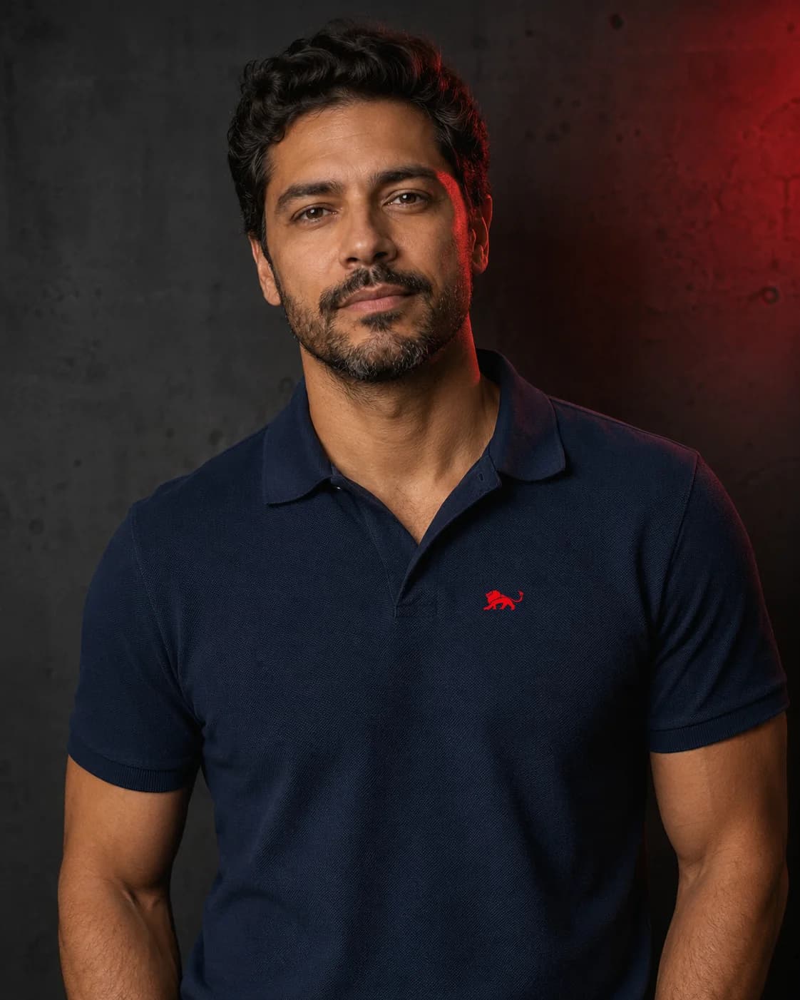 Camisa polo azul-marinho da Lion Brazil em ensaio de estúdio